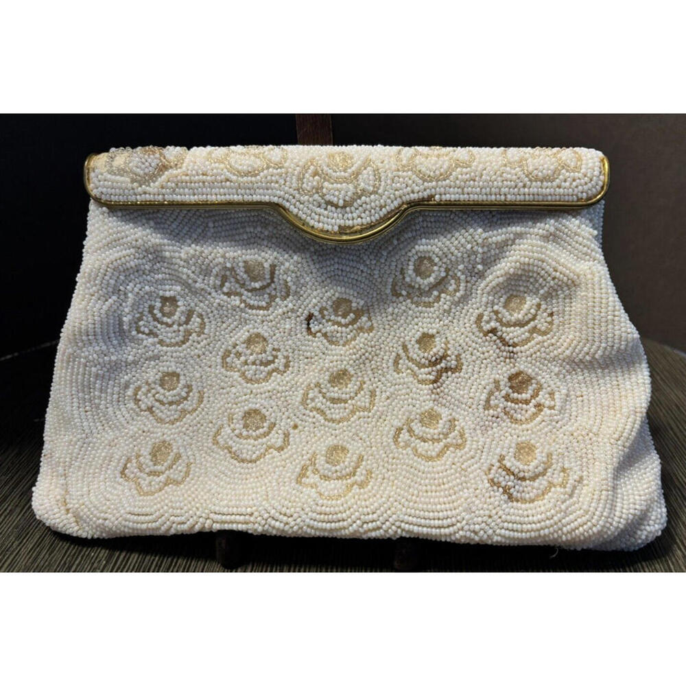 Vintage French Beaded Bag Purse White Floral Design